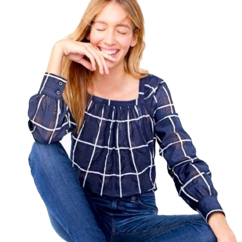 J. Crew Penny windowpane Stylish Blue White Plaid Square Neck Boxy peasant Top